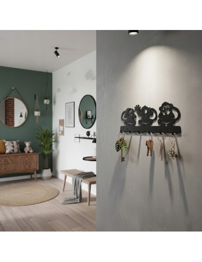 Wieszak na klucze MAŁPKI Trzy Mądre Małpy Metalowy Czarny LOFT 6 haczyków