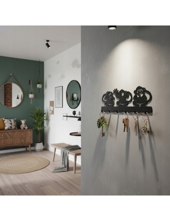 Wieszak na klucze MAŁPKI Trzy Mądre Małpy Metalowy Czarny LOFT 6 haczyków