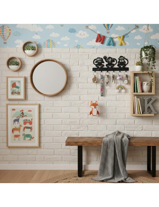 Wieszak na klucze MAŁPKI Trzy Mądre Małpy Metalowy Czarny LOFT 6 haczyków