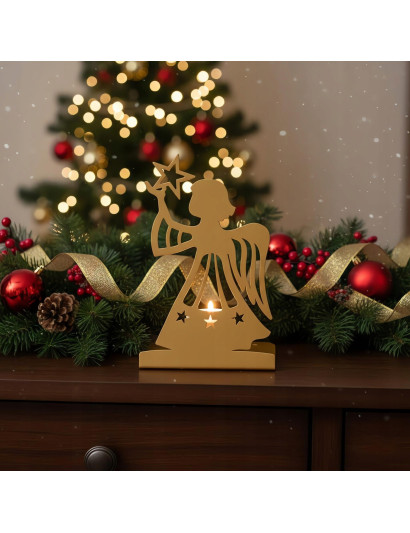 Świecznik Anioł Złoty Metalowy - Lampion na Tealight Dekoracja Świąteczna