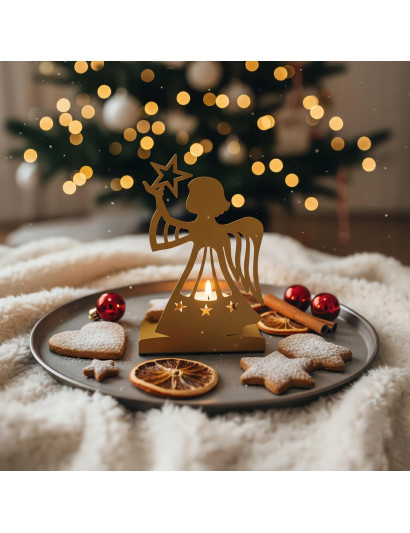 Świecznik Anioł Złoty Metalowy - Lampion na Tealight Dekoracja Świąteczna