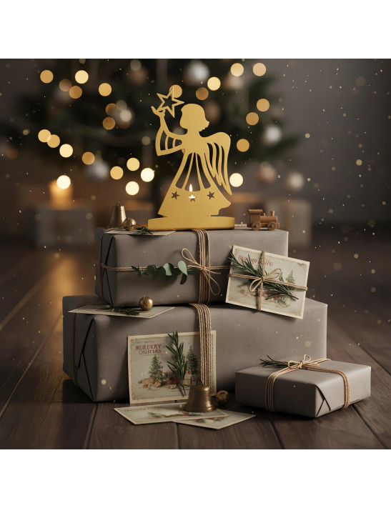 Świecznik Anioł Złoty Metalowy - Lampion na Tealight Dekoracja Świąteczna